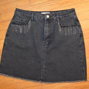Harper Heritage Black Denim Short Skirt Fringe Rhinestones NWT Medium
